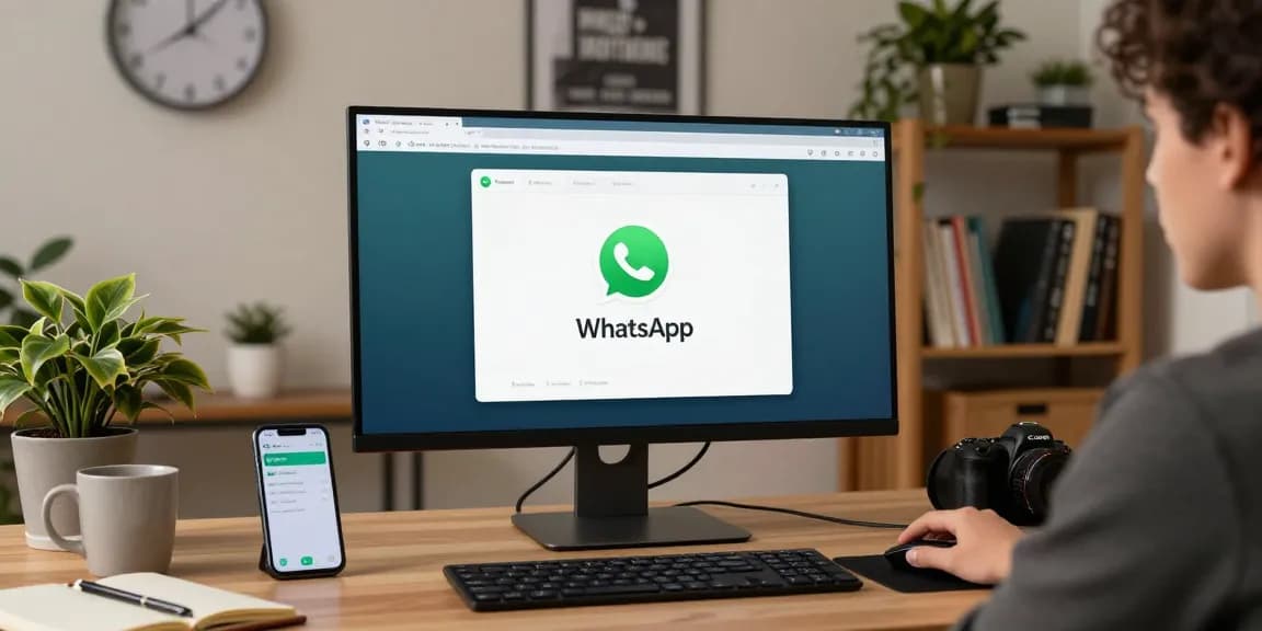 User engaging with WhatsApp電腦版 in a cozy home office setting.
