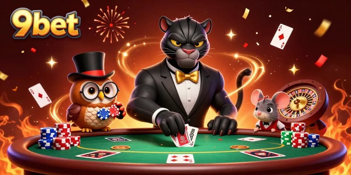 Playing cards and chips bring 9bet's gambling excitement to life, showcasing lively casino characters.