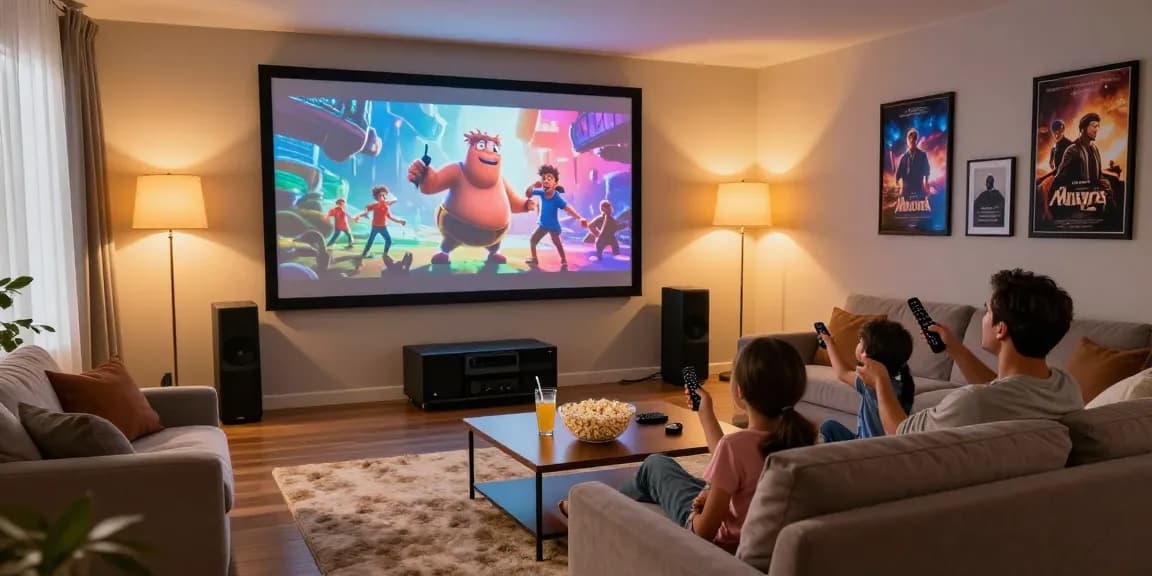 Family enjoying a movie night with the best projector 2026 in a cozy home theater setting.