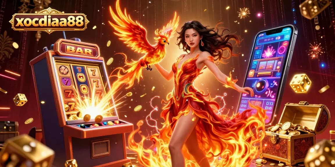 xocdiaa88 unleashes excitement in a vibrant casino illustration with a winning woman and golden symbols.