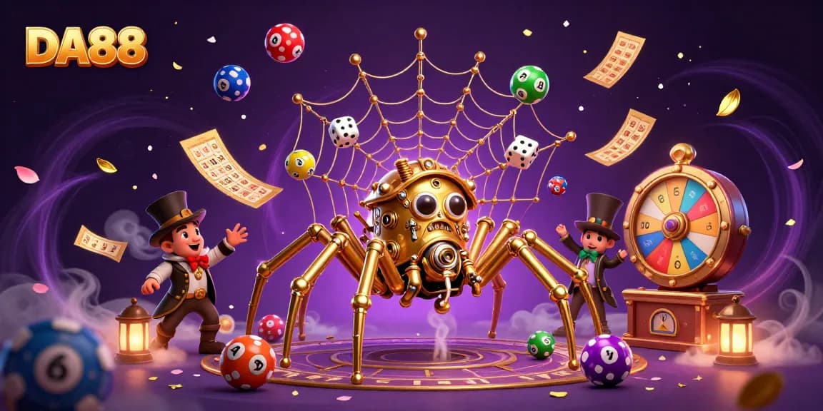 DA88 casino illustration showcasing a steampunk spider entangling dice amidst colorful lottery elements.