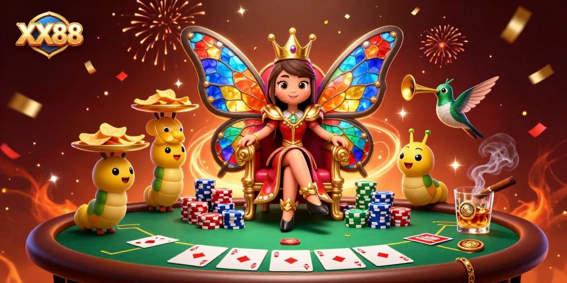 Experience the excitement of XX88 with a vibrant 3D casino scene featuring a queen and poker elements.