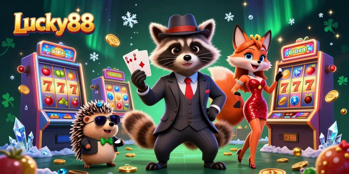 Play Lucky88 with a raccoon holding a royal flush, surrounded by dynamic slot machines and coins.