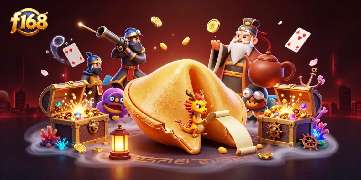 Engage with the exciting f168 online casino experience featuring a vibrant 3D illustration of a golden fortune cookie and intricate gaming elements.