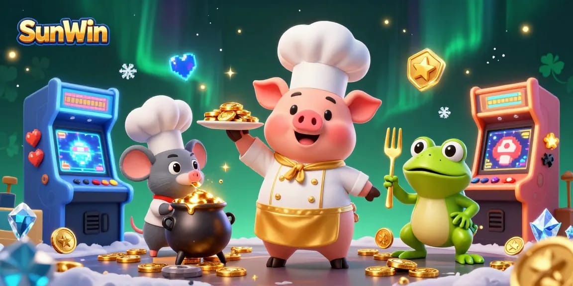 SunWin promotes excitement with a chef pig presenting gold coins in a vibrant casino setting.