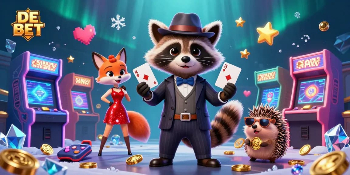 Engage in winning moments at DE BET casino with animated characters amidst vibrant gaming elements.