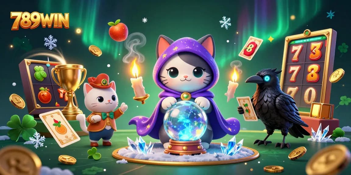 Win big with 789WIN in this vibrant 3D casino illustration showcasing dynamic slots and fortune-telling characters.