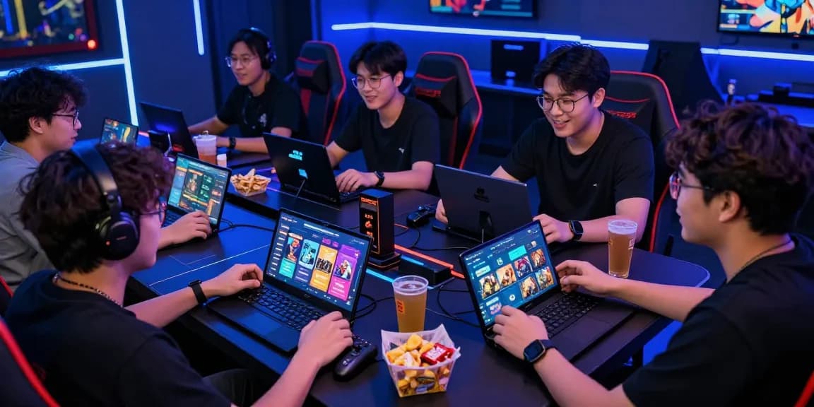 Pengalaman bermain rajaslot 20 di meja gaming modern dengan suasana ceria dan interaksi para pemain.
