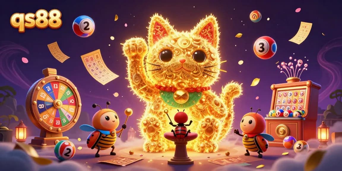 Experience the excitement of qs88 with this vibrant 3D lucky cat illustration featuring dynamic casino elements.