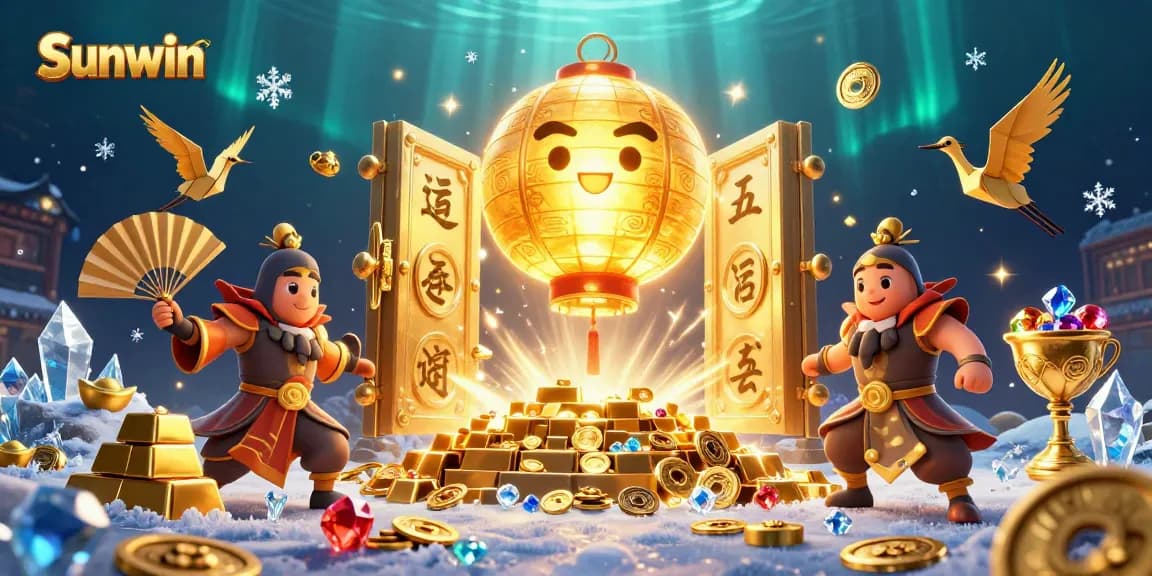 Experience gameplay excitement with Sunwin's vibrant casino illustration showcasing dynamic characters and riches.
