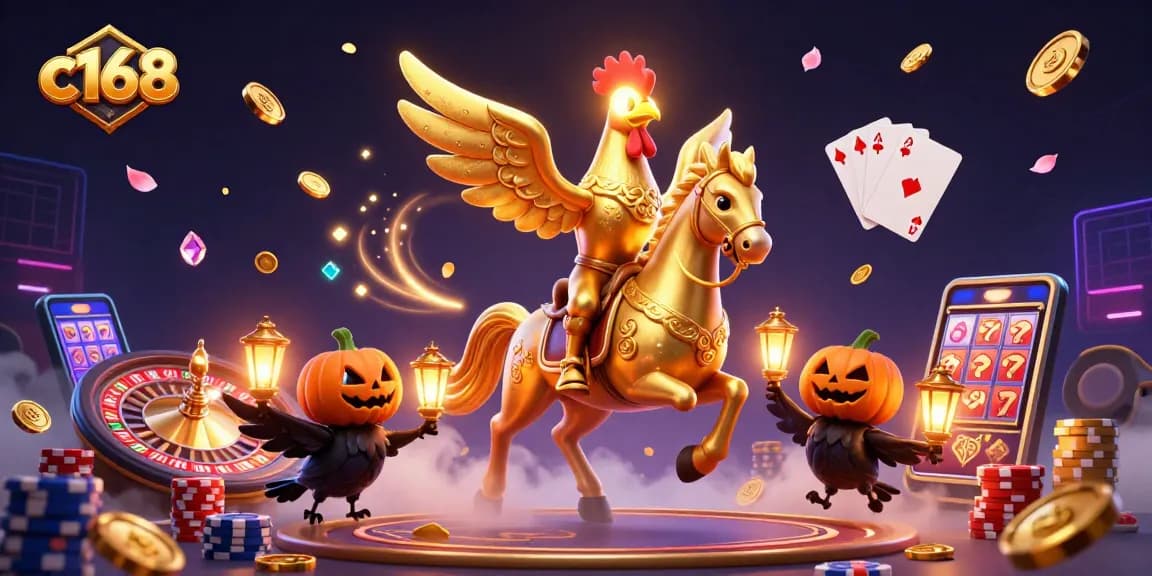C168 Casino features a golden rooster and spectral horse amidst dynamic gambling elements