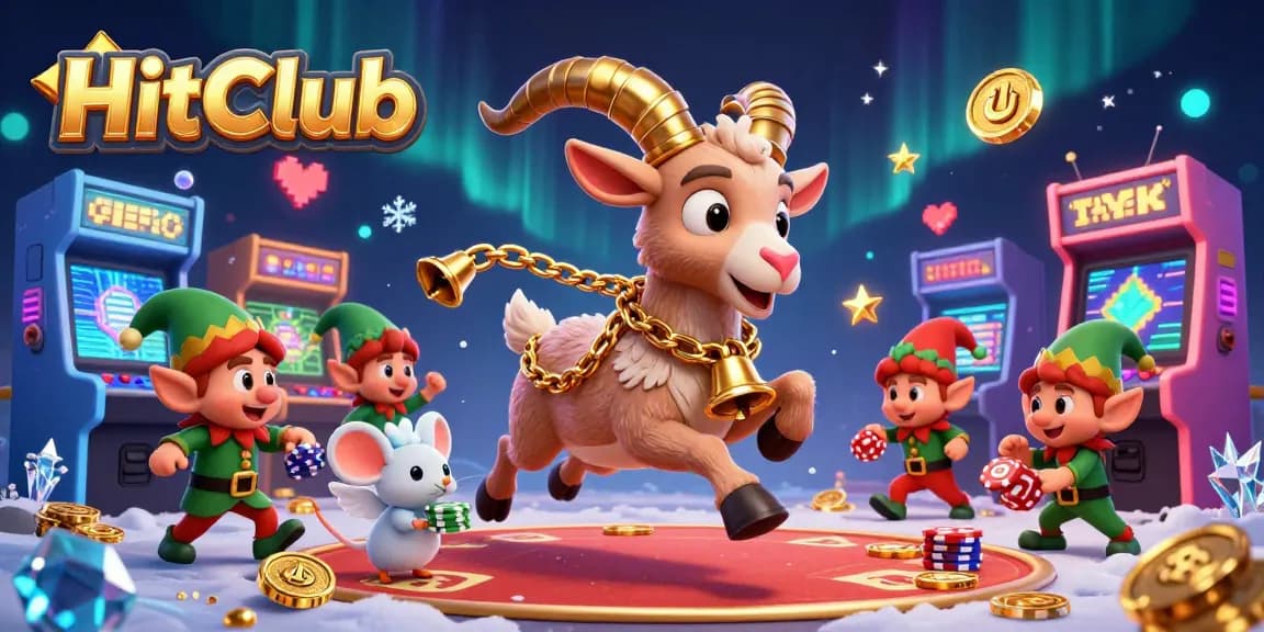 Experience the excitement at HitClub casino with Krampus, an angel mouse, and mischievous gremlins in a vibrant gaming scene.