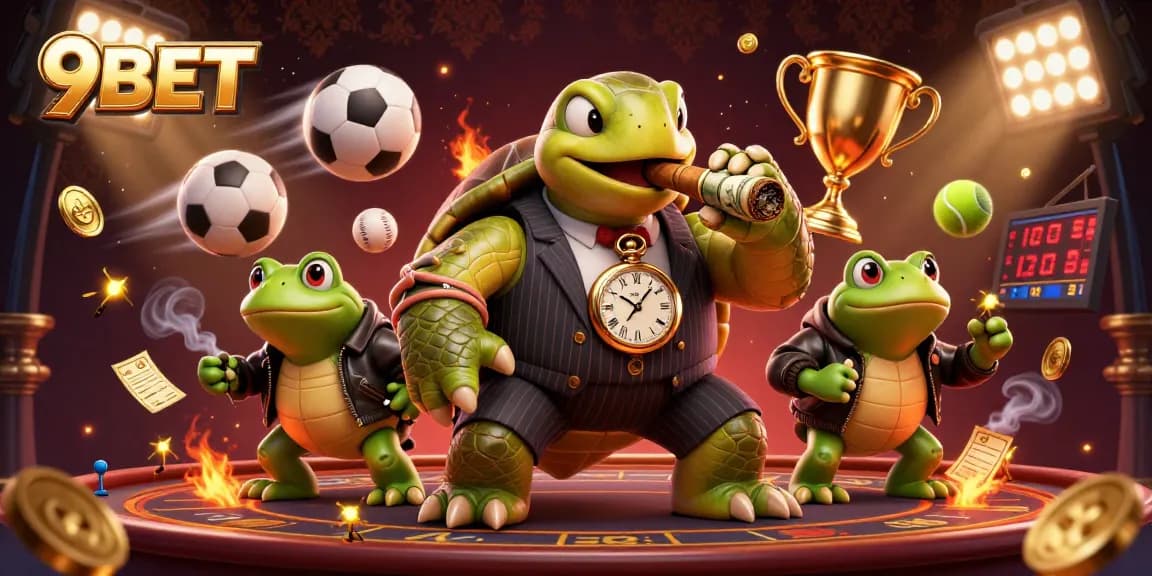 Engage in thrilling sports betting with 9BET's energizing scene of cartoon characters and game elements.