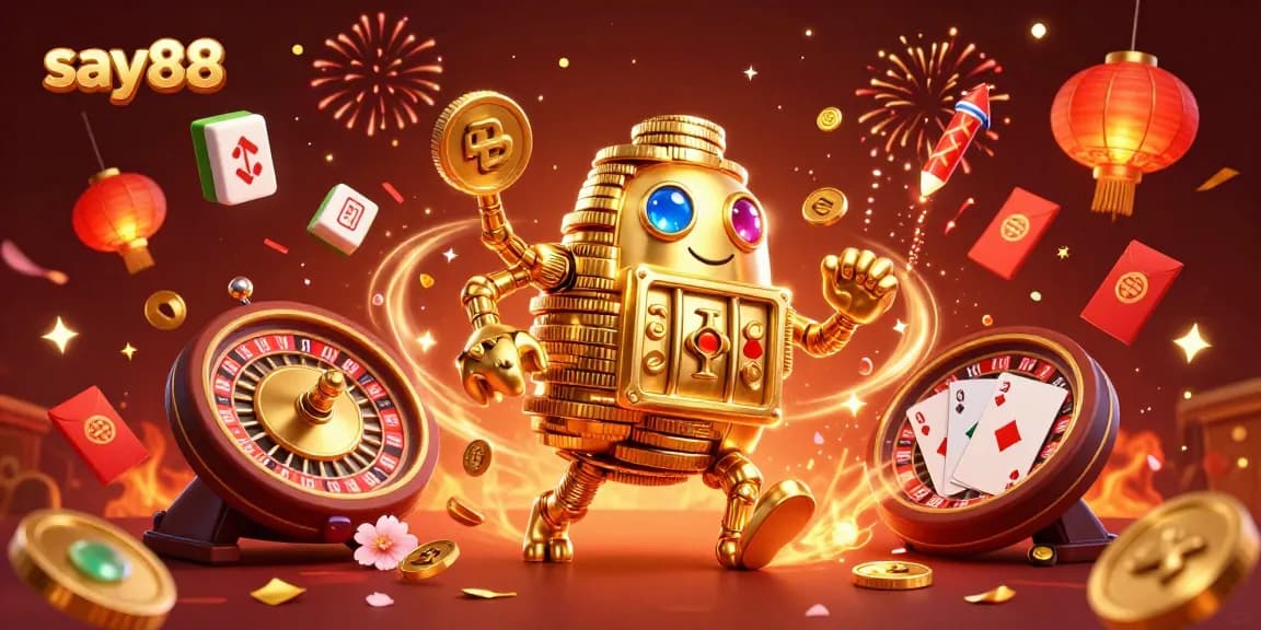 Experience the thrill of gaming with say88's vibrant casino illustration featuring a golden golem and playful gaming elements.