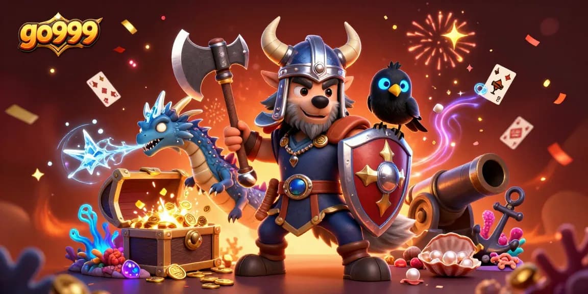 Experience the thrilling adventures at go999, with a Viking warrior, fierce dragon, and vibrant casino gaming elements!