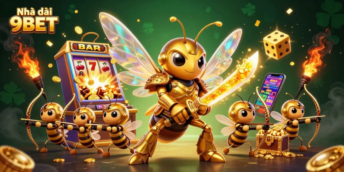 Engage with thrilling games at Nhà cái 9BET, featuring vibrant 3D illustrations, slot machines, and casino excitement.