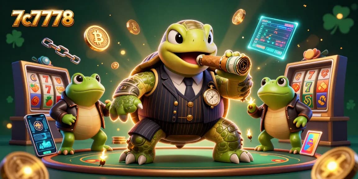 Engage in thrilling action at 7c7778 with a lively casino scene featuring a mobster turtle and glowing crypto elements.