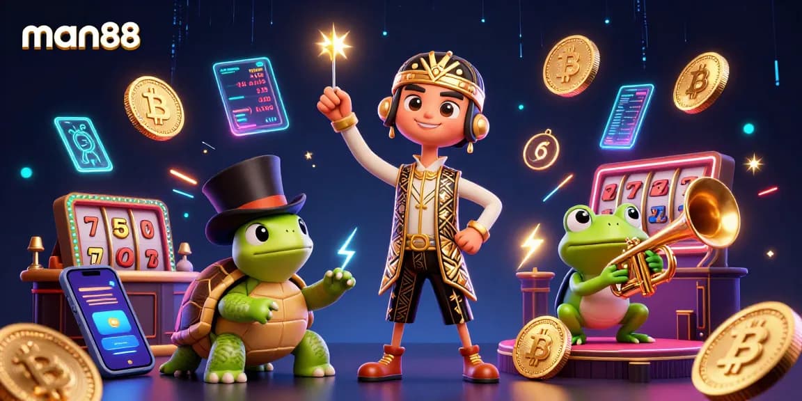 Experience thrilling gameplay with man88, featuring vibrant characters amidst neon crypto elements in a dynamic casino atmosphere.