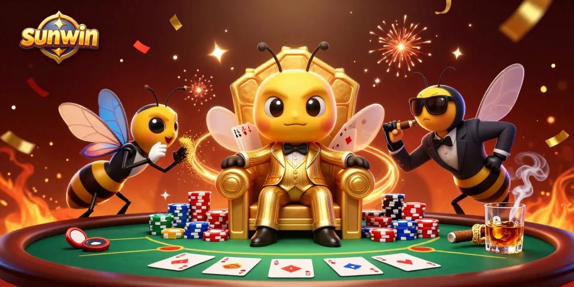 Engage with sunwin in a 3D casino scene featuring a bumblebee mob boss and vibrant poker elements.