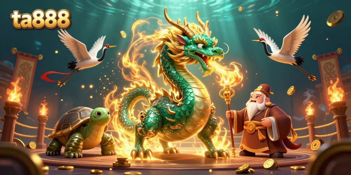 Place your bets at ta888 with a vibrant 3D illustration of a lucky dragon and gaming elements.