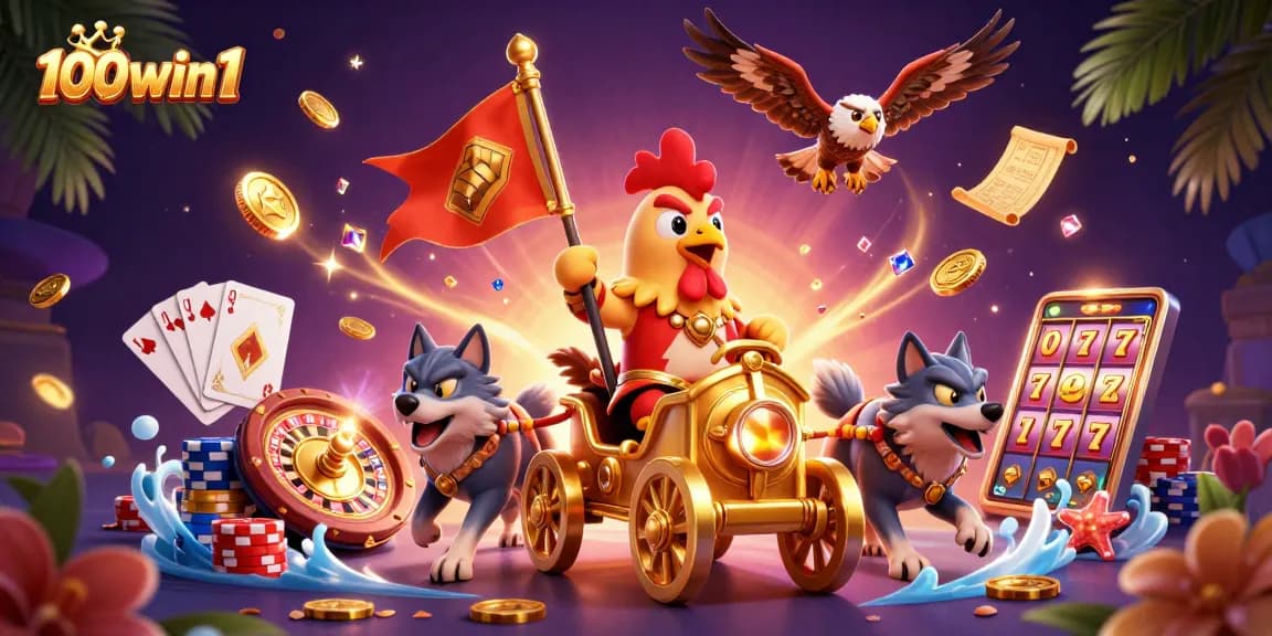 Experience excitement with 100win1 as golden coins and festive gems fill the scene.
