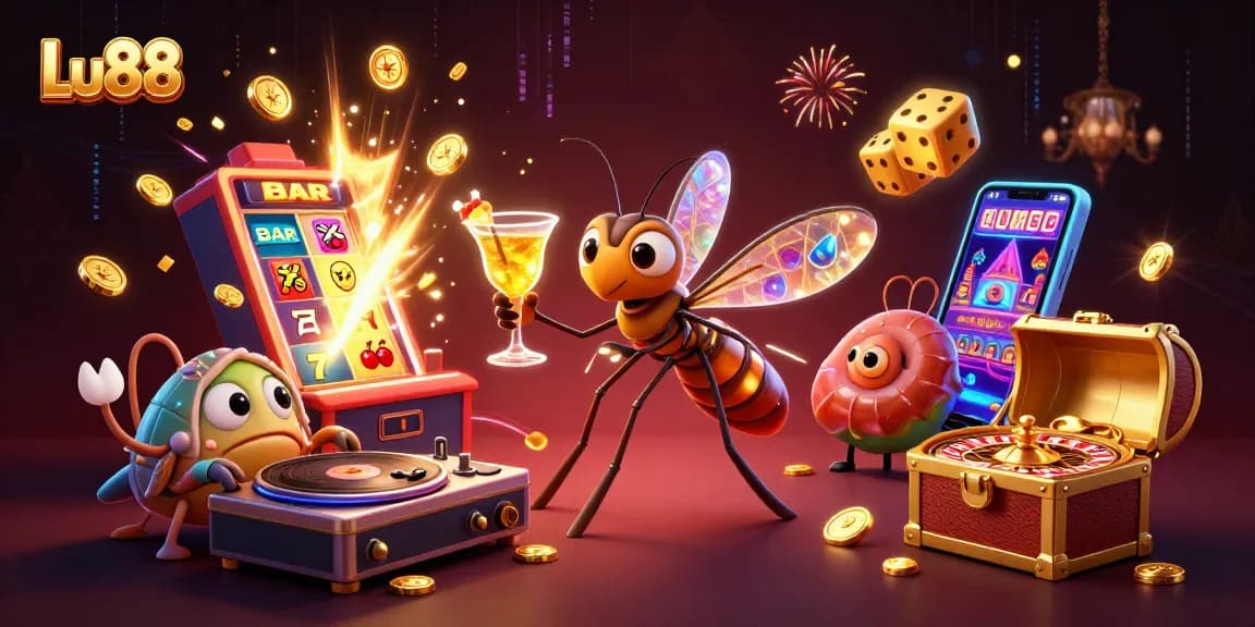 Lu88 casino mascot bringing excitement with vibrant elements and dazzling jackpot visuals in a dynamic scene.