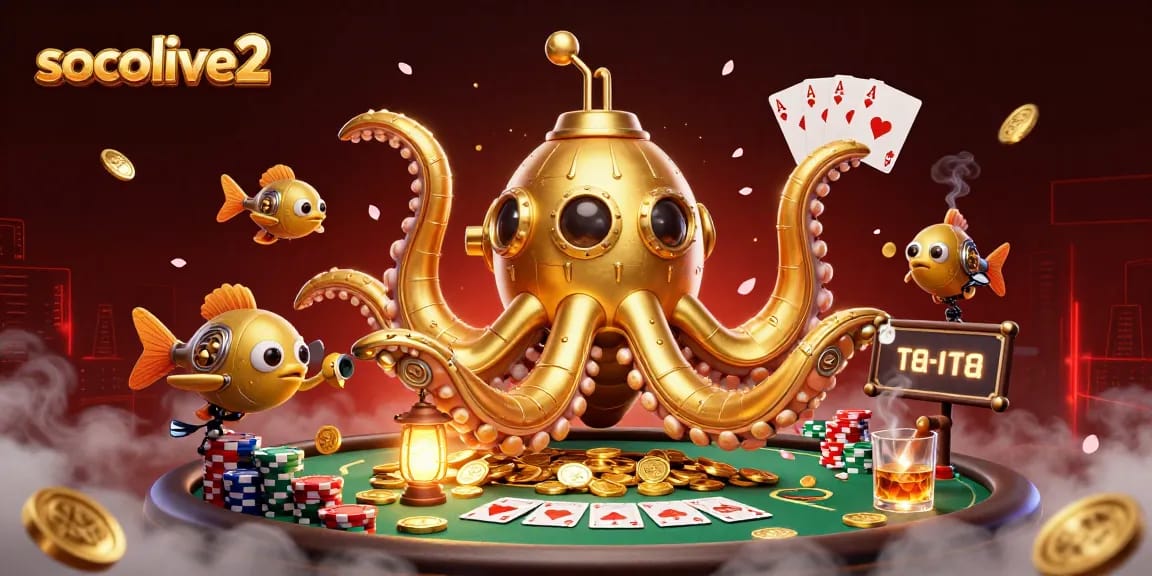 Experience thrilling gameplay at socolive2 with golden kraken submarine surrounded by vibrant poker elements.