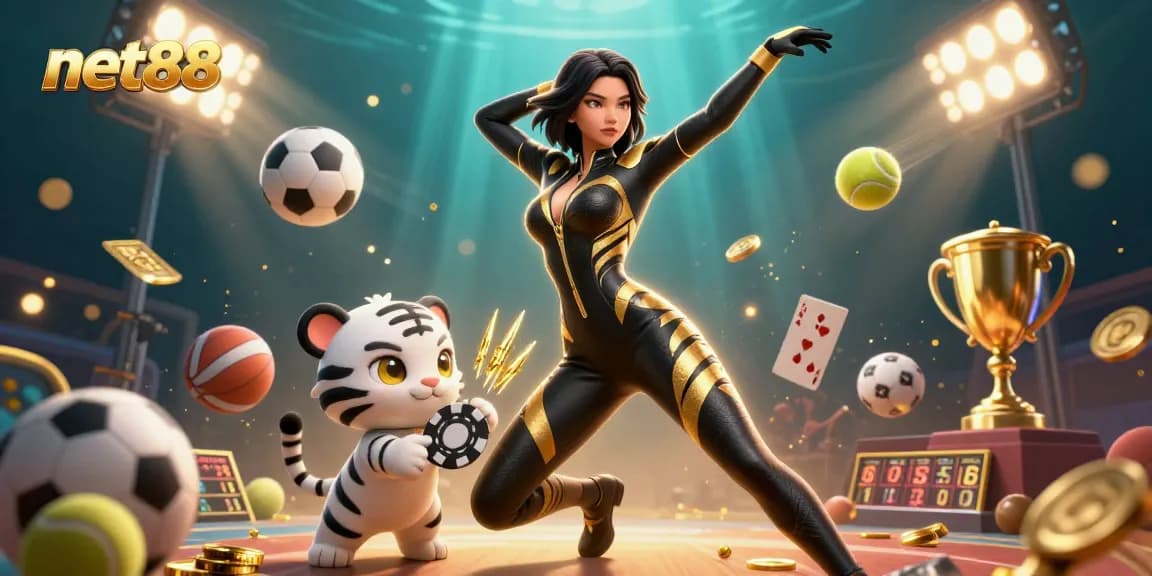 Experience thrilling sports action with net88 in a vibrant casino-themed 3D illustration.