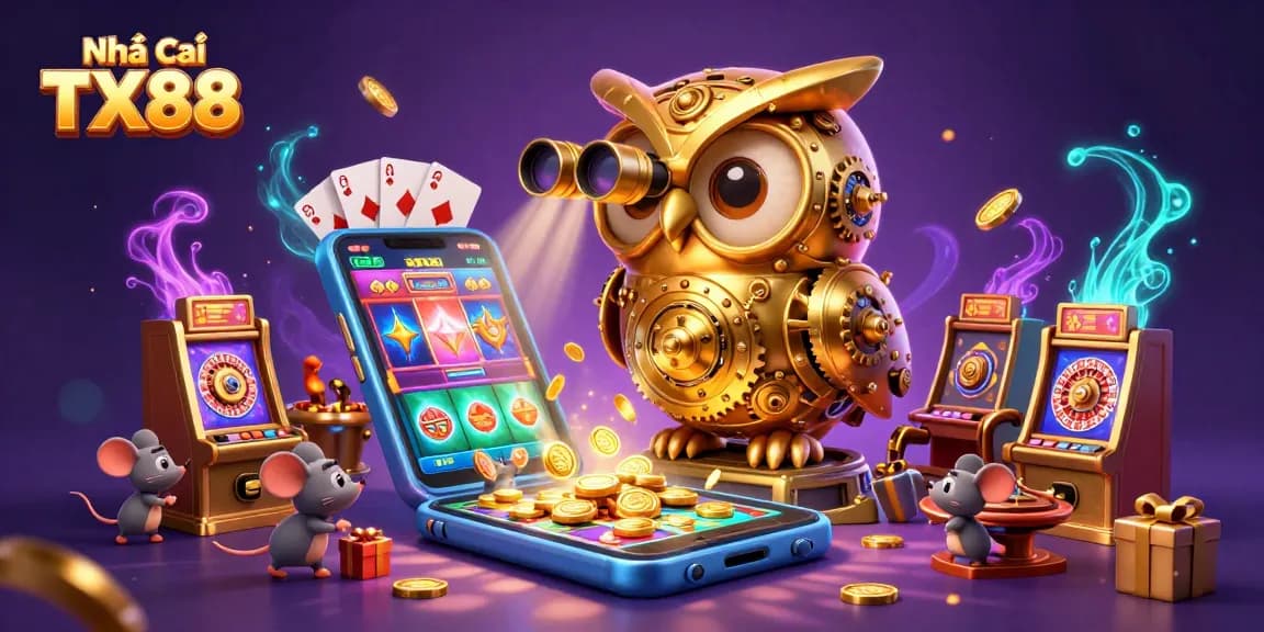 Experience the thrill of gambling at Nhà cái TX88 with this vibrant casino scene featuring a golden owl and dynamic game elements.