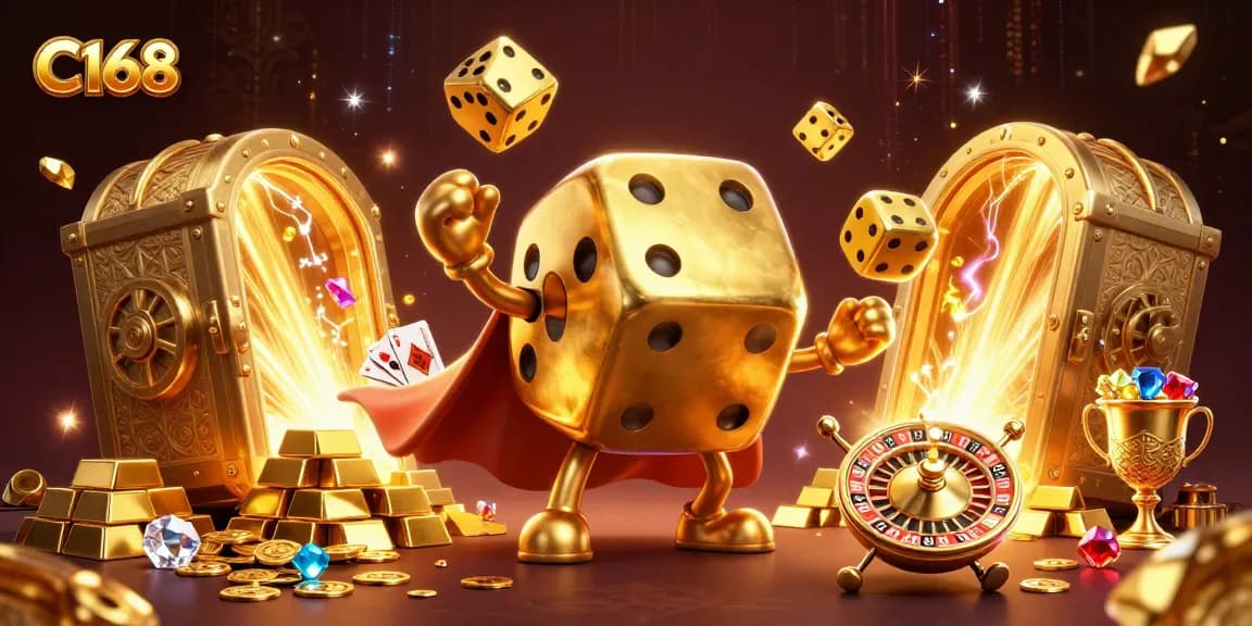 C168 gamblers enjoy a thrilling experience with dynamic golden dice and vibrant casino elements.