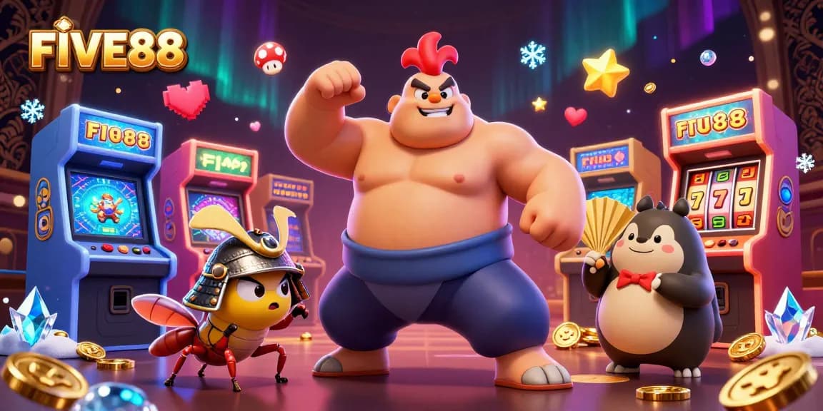 FIVE88 creates a vibrant 3D casino scene with sumo, samurai, and announcer amidst game machines.