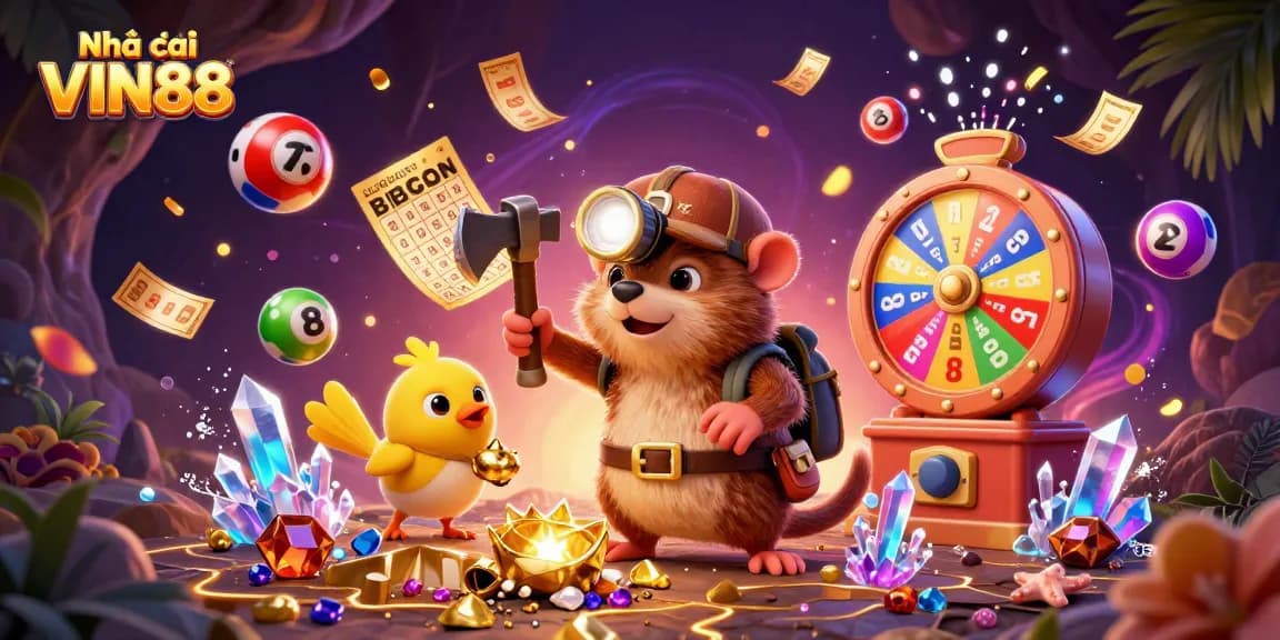 Experience the fun of Nhà cái VIN88 with a dynamic 3D illustration featuring a treasure-hunting mole and exciting lottery elements.