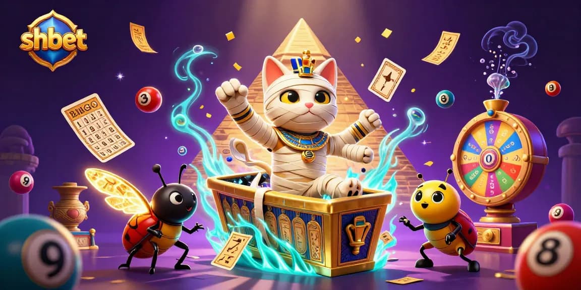 Engage with shbet's vibrant casino world, featuring a cartoon mummy cat and dynamic lottery elements.