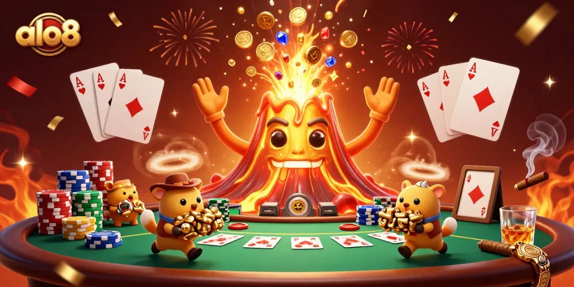 Experience the excitement of alo8 as cartoon characters celebrate winnings with poker chips and festive elements.