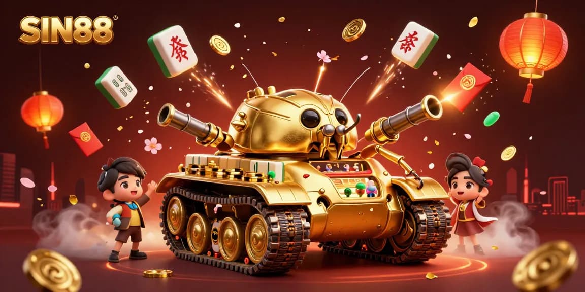 SIN88 showcases a vibrant 3D casino scene featuring a golden beetle tank and festive elements, illustrating immersive gambling.