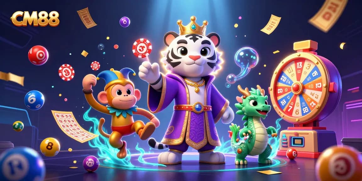 Experience the excitement of CM88 as a white tiger and monkey celebrate with vibrant casino elements.