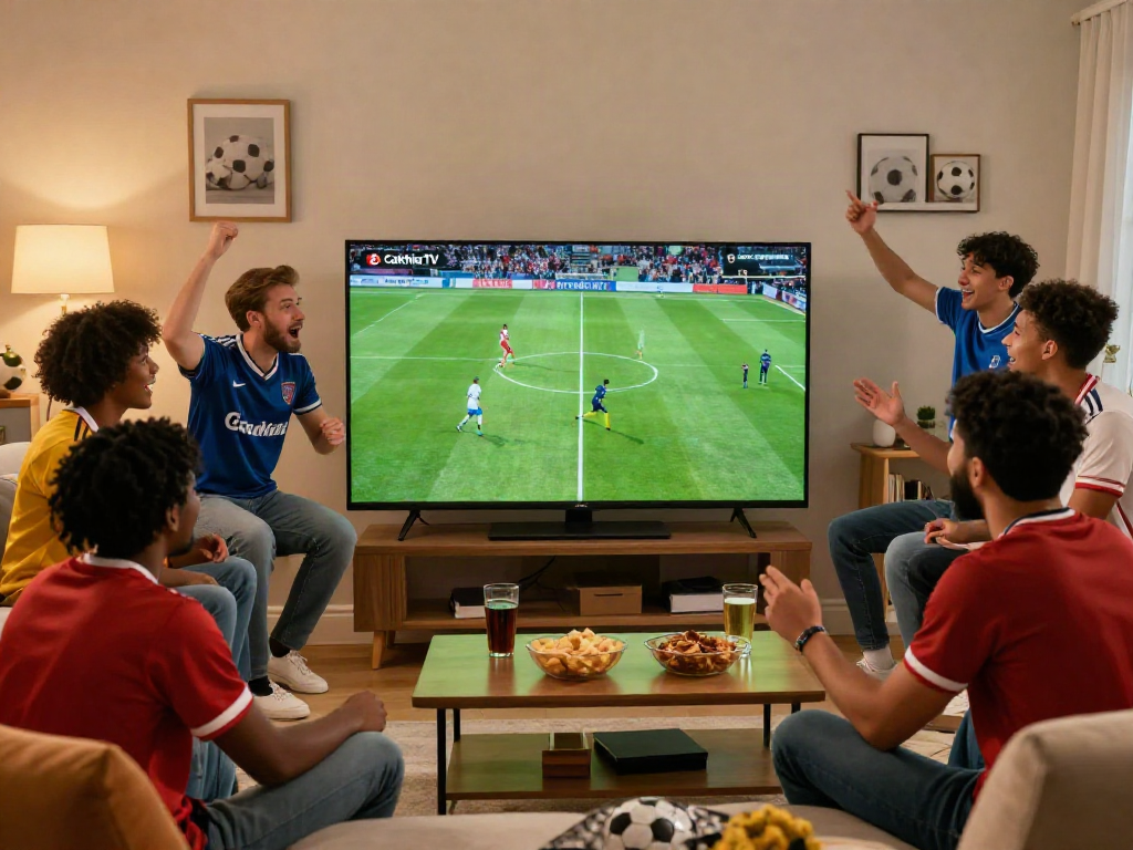 Group of friends enjoying a football match on CakhiaTV in a cozy living room with snacks.