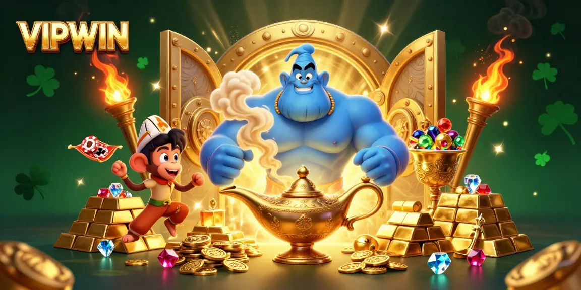 Experience the thrill of VIPWIN as the genie unleashes golden treasures and poker fun in this vibrant casino illustration.