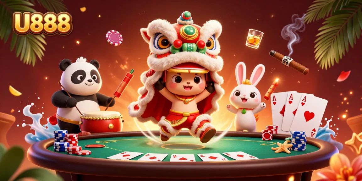 Experience the excitement of U888 with a lively casino scene featuring a lion dance, poker elements, and festive decor.
