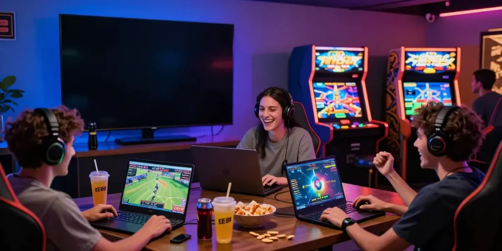 Diverse friends enjoying gaming at the EE88 platform with laptops and snacks, capturing the excitement of online entertainment.