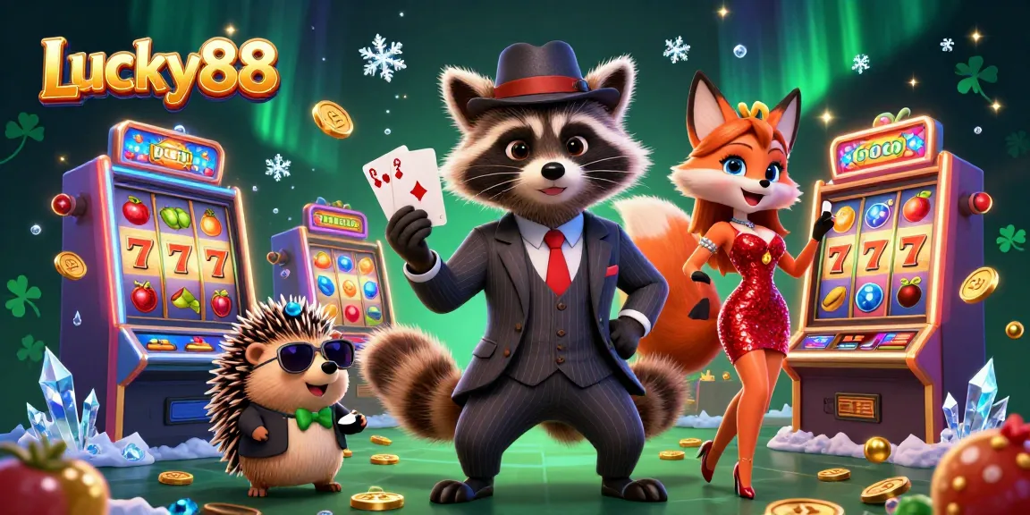 Play Lucky88 with a raccoon holding a royal flush, surrounded by dynamic slot machines and coins.