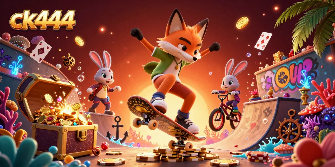 Engage with ck444's vibrant casino world through a dynamic 3D illustration of adventure and excitement.