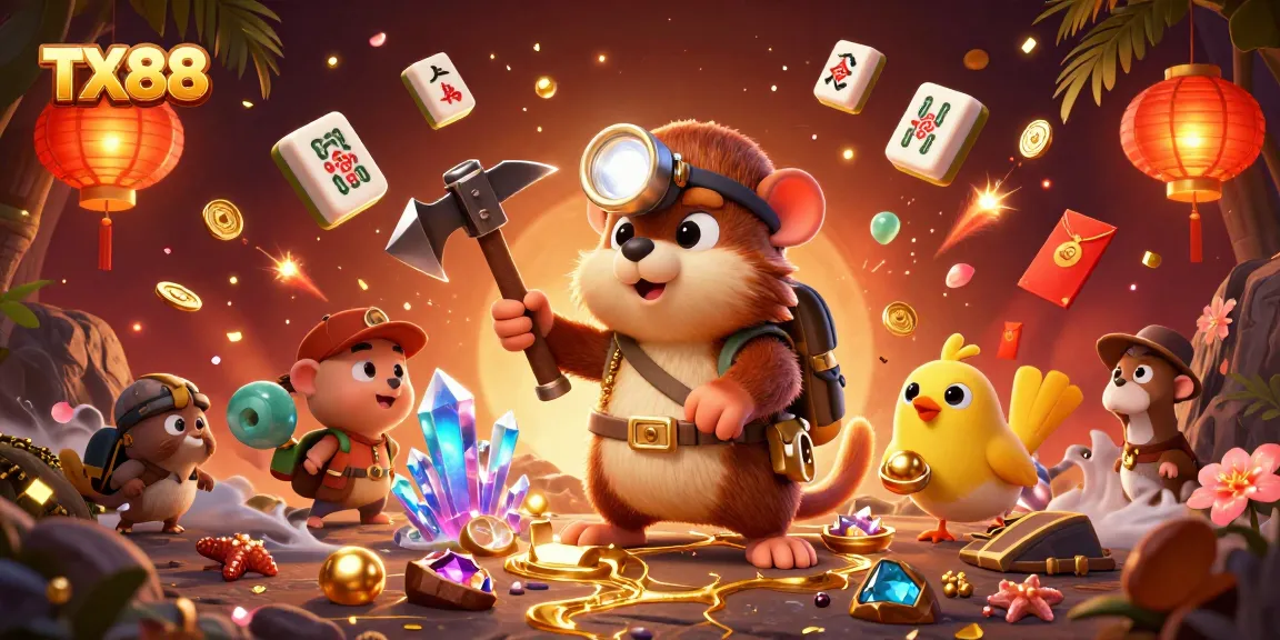 TX88 offers a vibrant casino experience as a treasure hunter finds gems in a colorful cave.