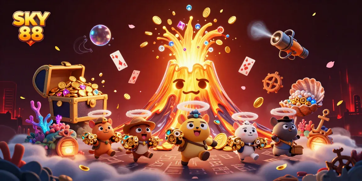 Sky 88 captivates players with a vibrant scene of treasure and adventure in a casino-themed illustration.