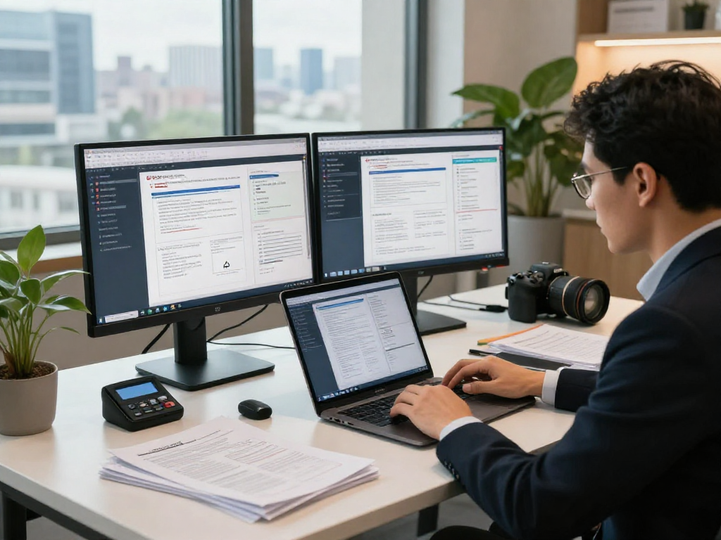 Document fraud detection workspace analyzing ID samples with dual monitors showing analytical data.