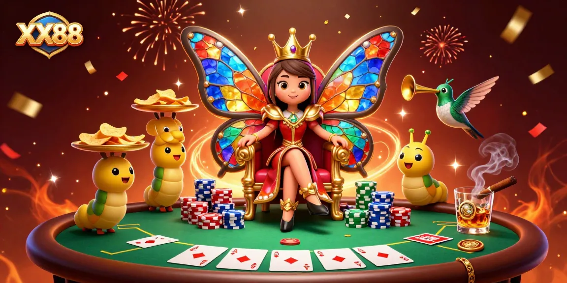 Experience the excitement of XX88 with a vibrant 3D casino scene featuring a queen and poker elements.