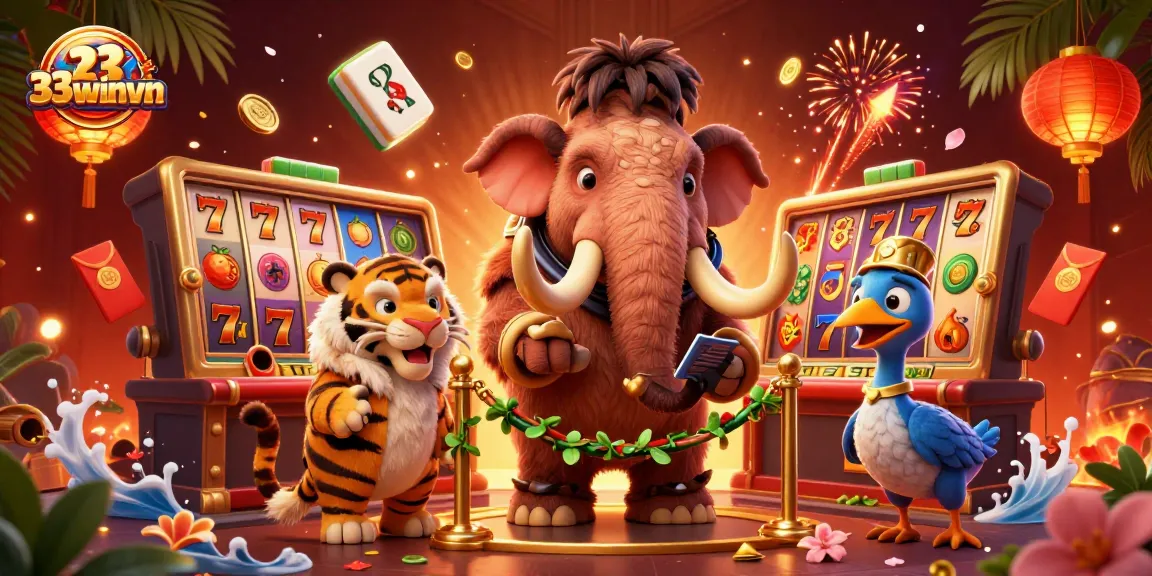 Experience the excitement of 33winvn with vibrant slots and dynamic casino characters in a rich, colorful scene.