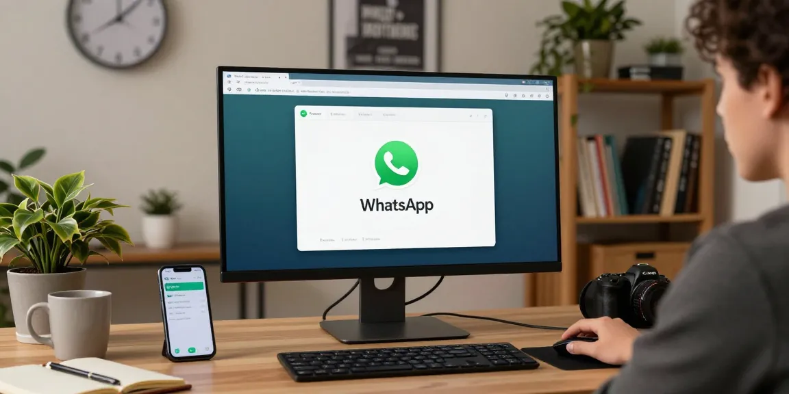 User engaging with WhatsApp電腦版 in a cozy home office setting.