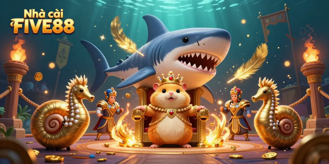 Engage with Nhà cái FIVE88's extravagant gaming kingdom featuring the golden hamster king amidst treasure and excitement.