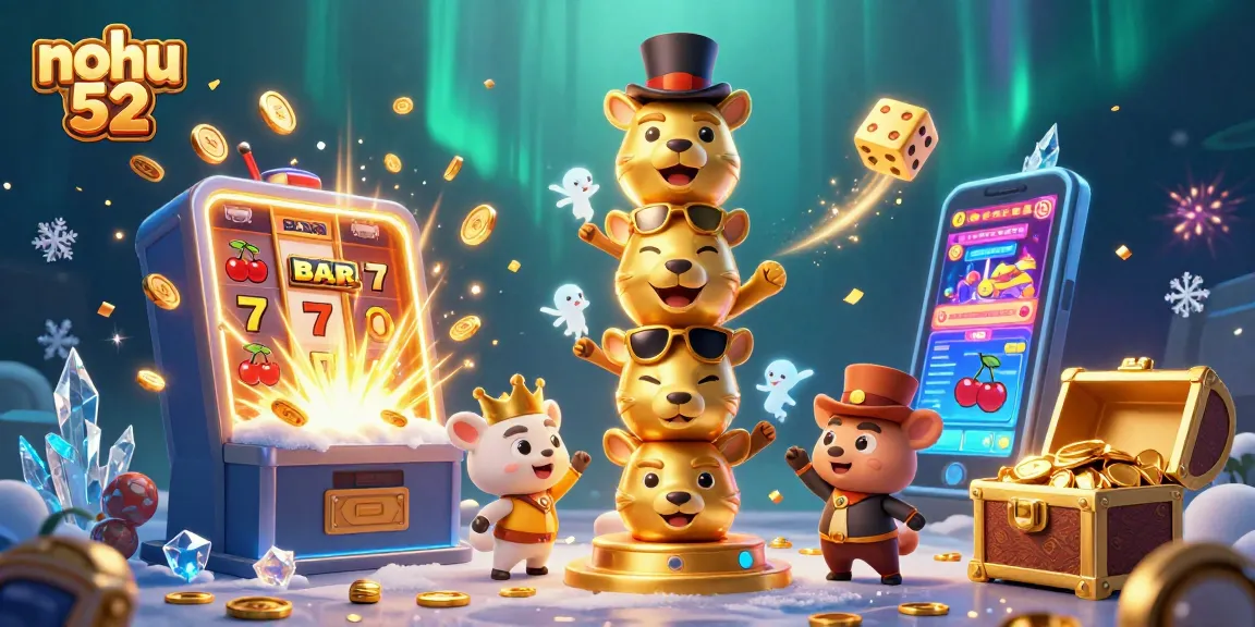 Experience the excitement of nohu 52 with a vibrant 3D casino illustration bursting with jackpots and gaming elements.
